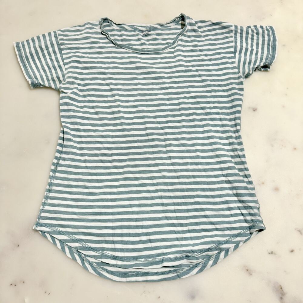 Madewell Shirt Womens XXS Green White Striped Crew Neck Short Sleeve Top Coastal